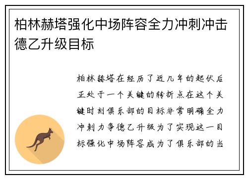 柏林赫塔强化中场阵容全力冲刺冲击德乙升级目标
