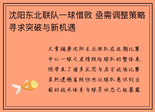 沈阳东北联队一球惜败 亟需调整策略寻求突破与新机遇
